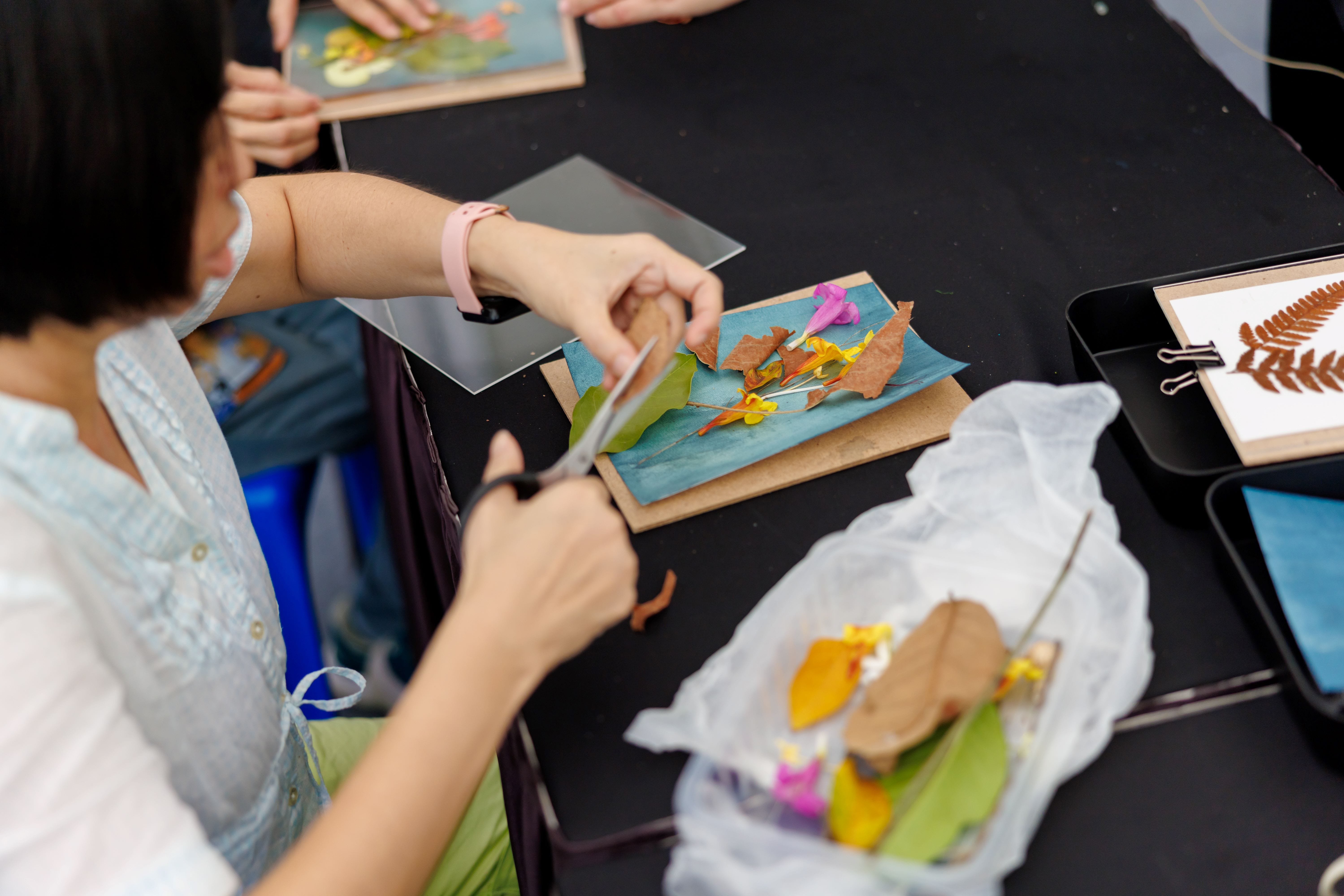 child cutting leaves for artwork